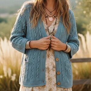 L.L. Bean Button Down Cable Knit Cotton Blue Cardigan SIZE MEDIUM